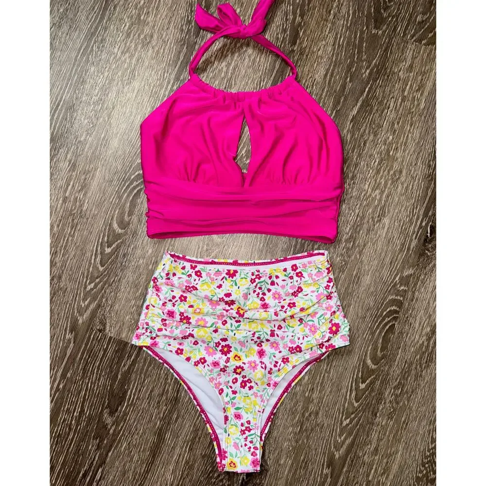 New Small Tankini‎ 2 Piece Swimsuit Swim Beach Floral Pink Halter High